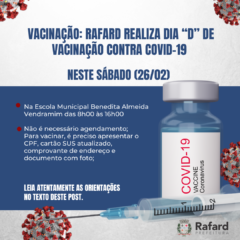 Saúde de Rafard realiza mais um “D” de vacinação contra a Covid-19 no dia 26 de fevereiro