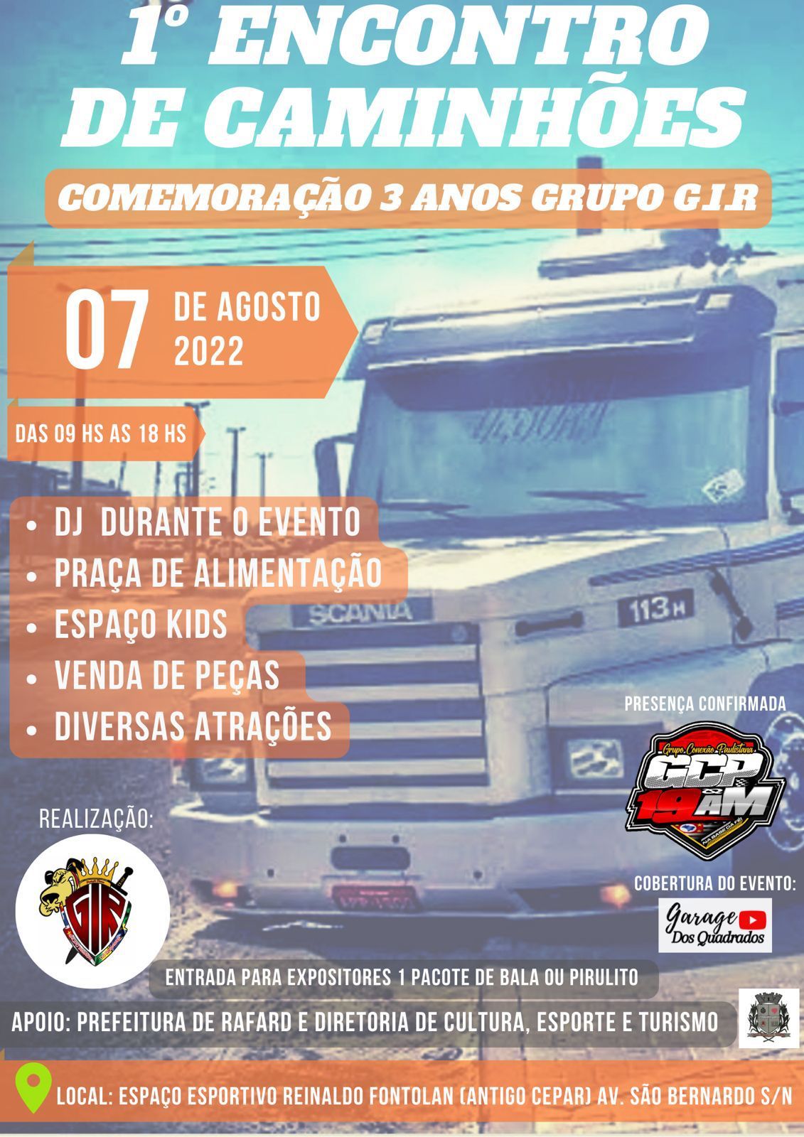 You are currently viewing 1° Encontro de Caminhões em comemoração ao 3° aniversário do grupo G.I.R . acontece neste domingo, 07 com apoio da Prefeitura de Rafard.